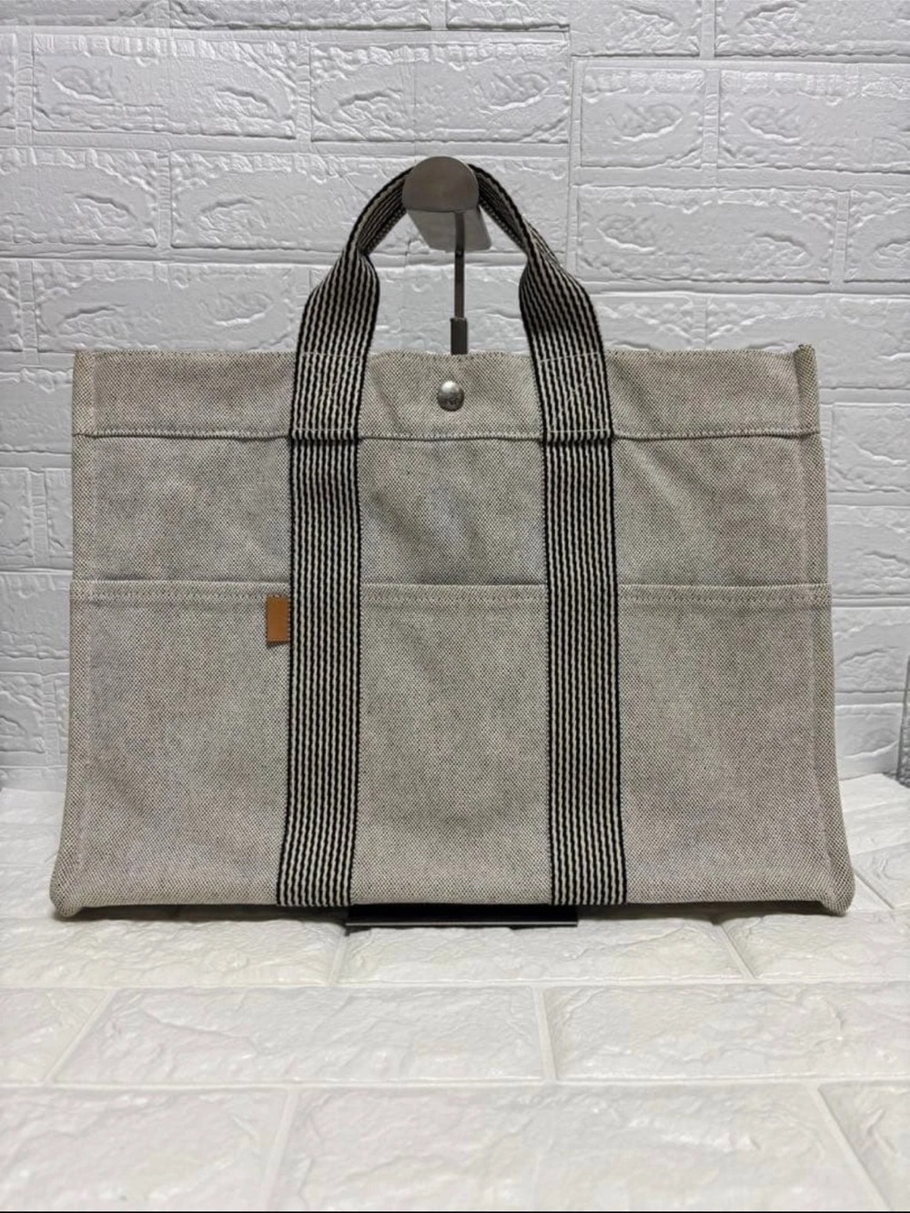 Hermes Natural Canvas Tote with Black Striped Handles